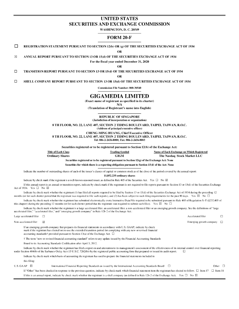 GigaMedia Limited（GIGM）2020财年年度报告（英文版）