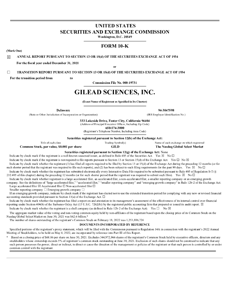 Gilead Sciences（GILD）2021财年年度报告（英文版）