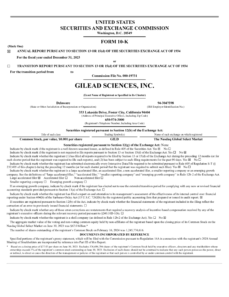 Gilead Sciences（GILD）2023财年年度报告（英文版）