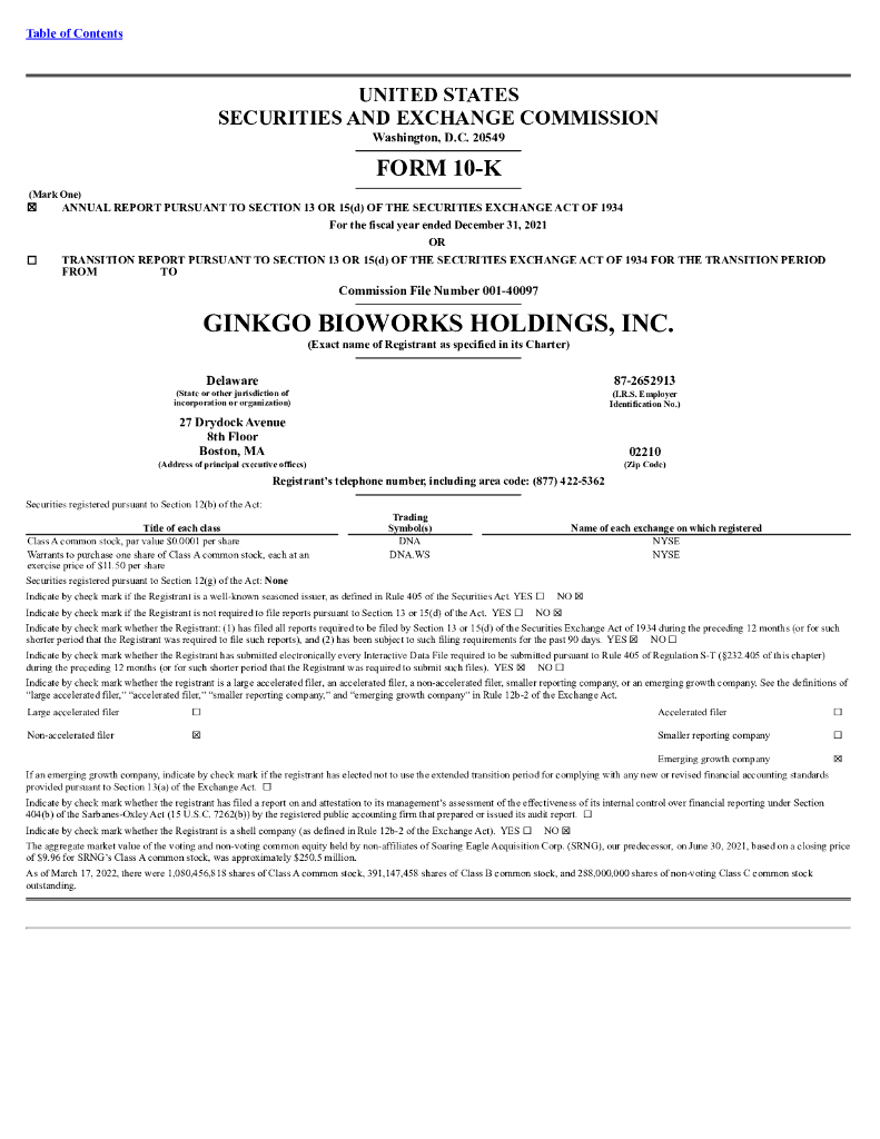 Ginkgo Bioworks Holdings,Inc.（DNA）2021财年年度报告（英文版）