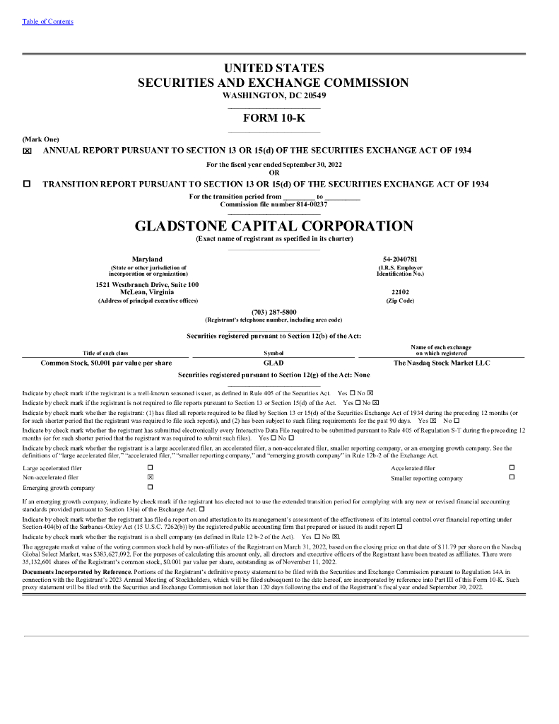 Gladstone Capital Corporation（GLAD）2022财年年度报告（英文版）