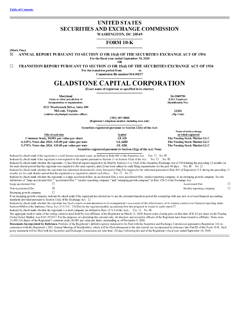 Gladstone Capital Corporation（GLAD）2020财年年度报告（英文版）