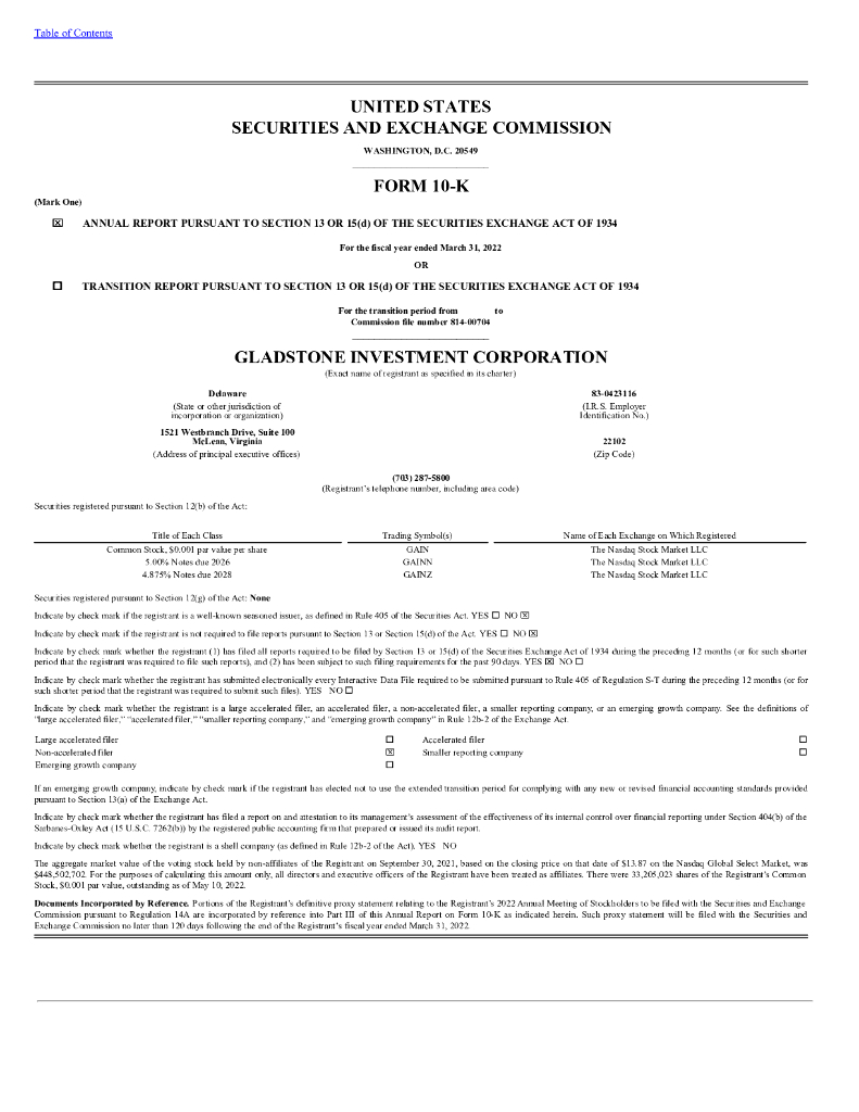 Gladstone Investment Corporation（GAIN）2022财年年度报告（英文版）