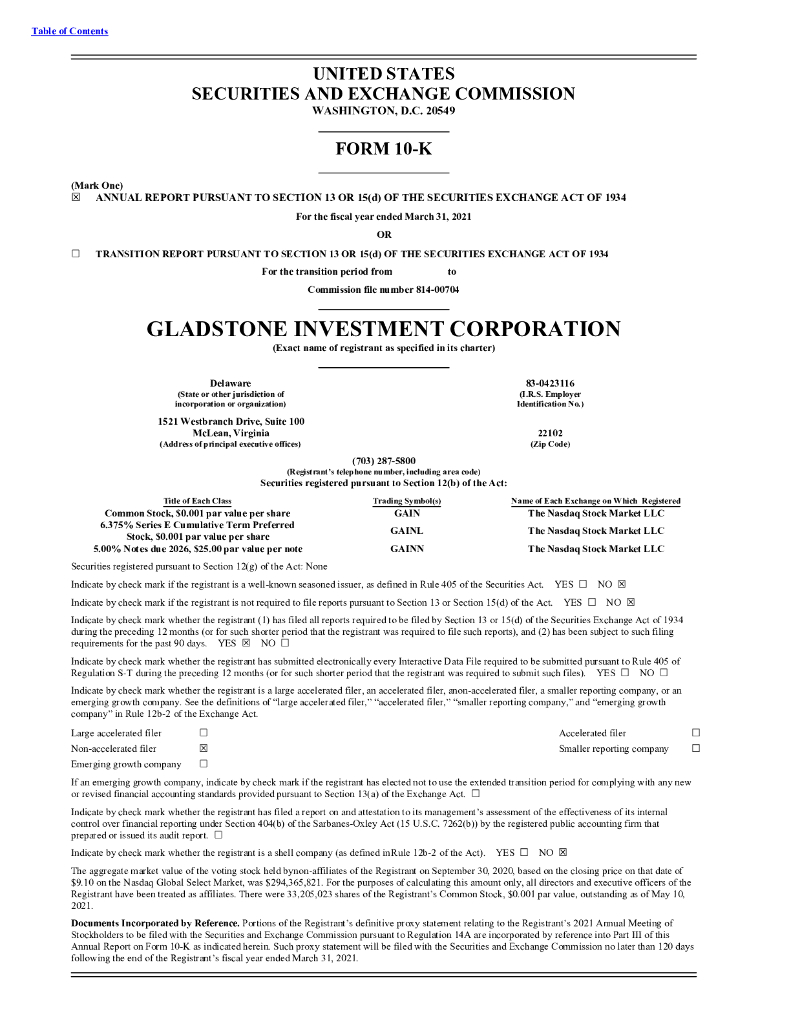 Gladstone Investment Corporation（GAIN）2021财年年度报告（英文版）