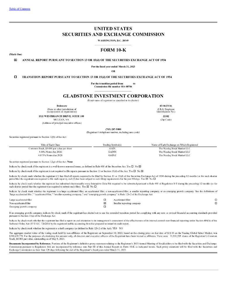 Gladstone Investment Corporation（GAIN）2023财年年度报告（英文版）