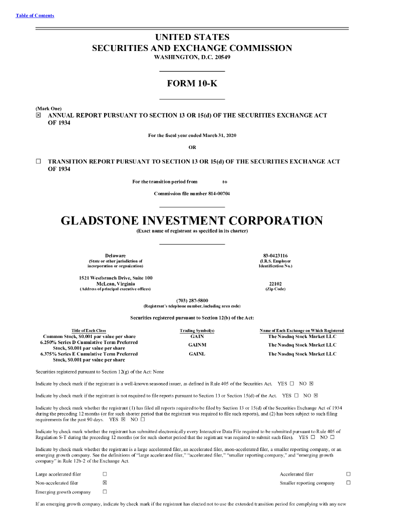 Gladstone Investment Corporation（GAIN）2020财年年度报告（英文版）