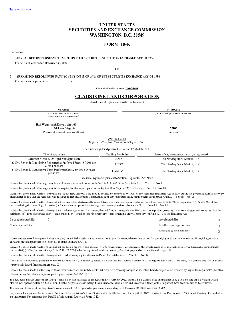 Gladstone Land Corp（LAND）2022财年年度报告（英文版）