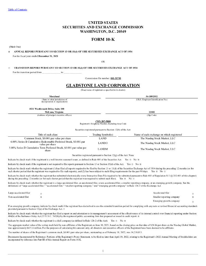 Gladstone Land Corp（LAND）2021财年年度报告（英文版）