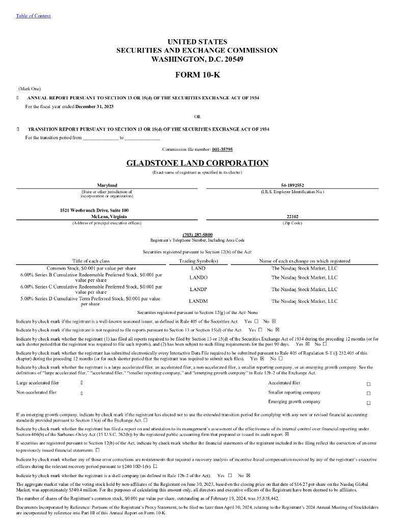 Gladstone Land Corp（LAND）2023财年年度报告（英文版）