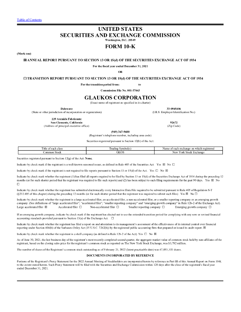 Glaukos Corporation（GKOS）2021财年年度报告（英文版）