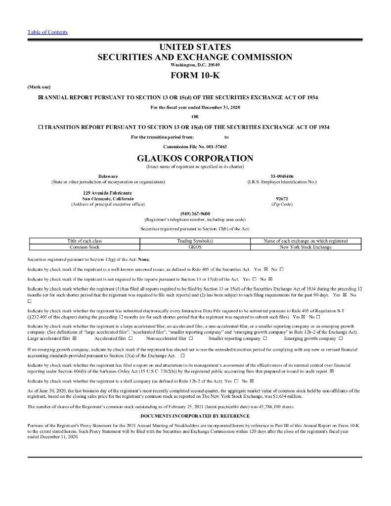 Glaukos Corporation（GKOS）2020财年年度报告（英文版）