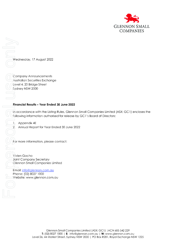 Glennon Small Companies Limited（GC1）2022财年年度报告（英文版）