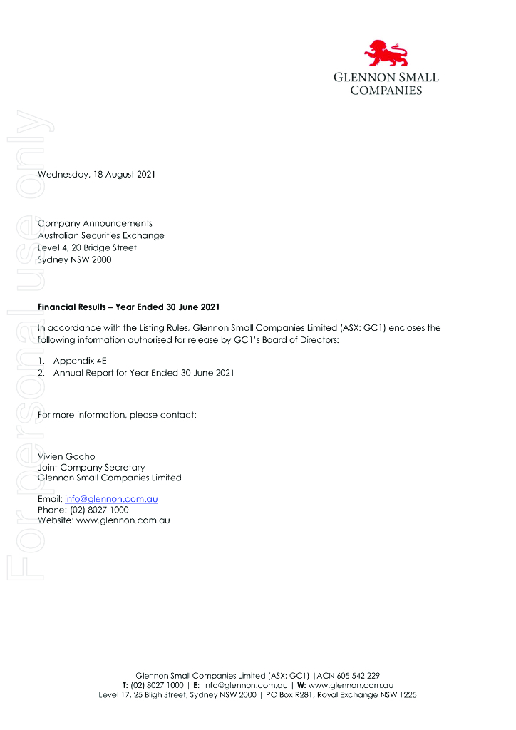 Glennon Small Companies Limited（GC1）2021财年年度报告（英文版）