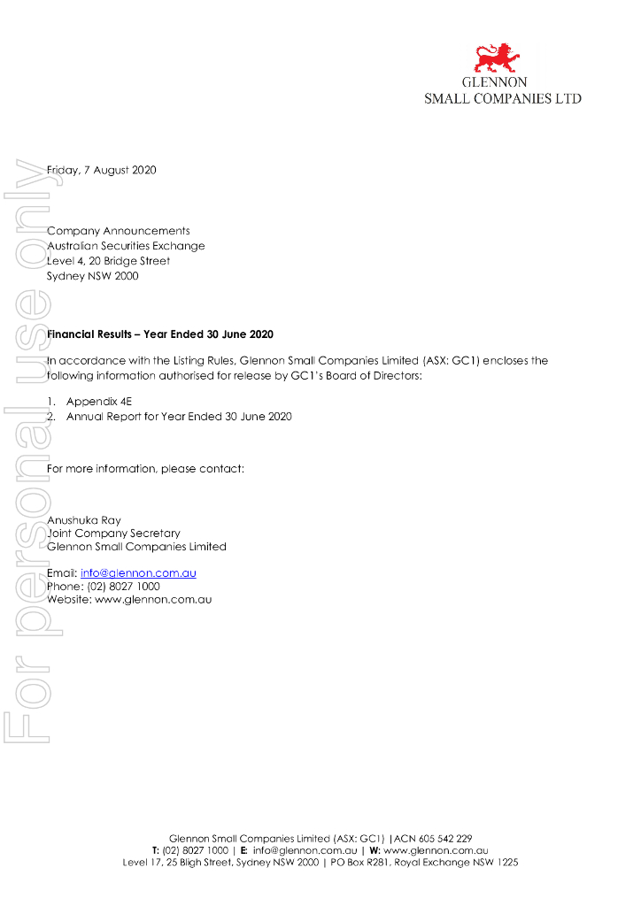 Glennon Small Companies Limited（GC1）2020财年年度报告（英文版）