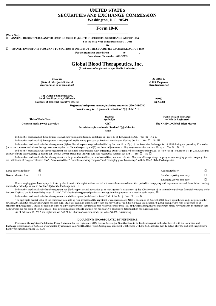 Global Blood Therapeutics,Inc.（GBT）2021财年年度报告（英文版）