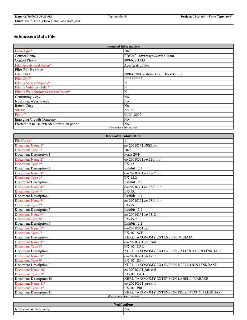 Global Cord Blood Corporation（CO）2022财年年度报告（英文版）