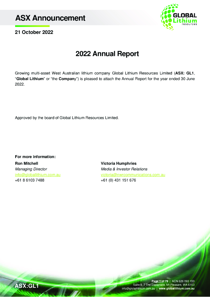 Global Lithium Resources Limited（GL1）2022财年年度报告（英文版）