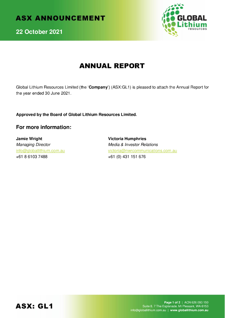 Global Lithium Resources Limited（GL1）2021财年年度报告（英文版）
