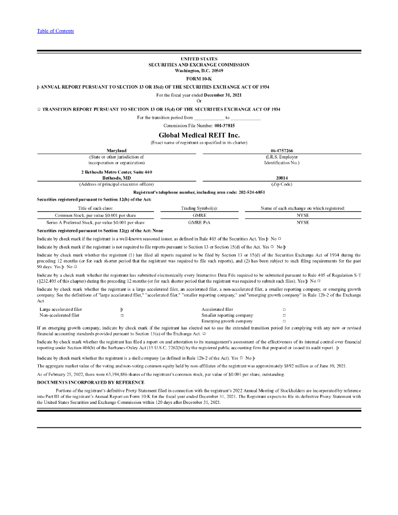 Global Medical REIT Inc.（GMRE）2021财年年度报告（英文版）