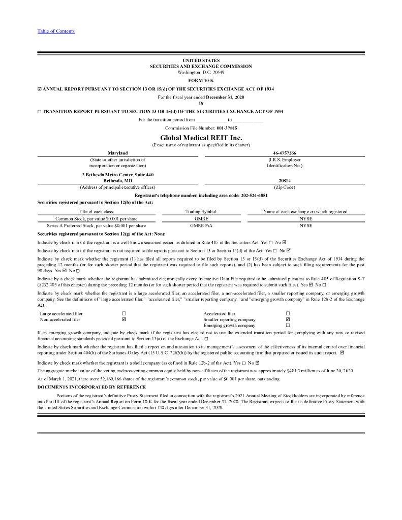 Global Medical REIT Inc.（GMRE）2020财年年度报告（英文版）