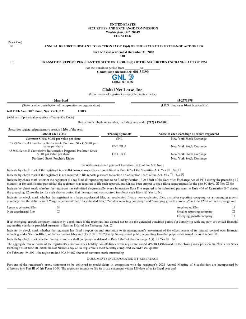 Global Net Lease,Inc.（GNL）2020财年年度报告（英文版）