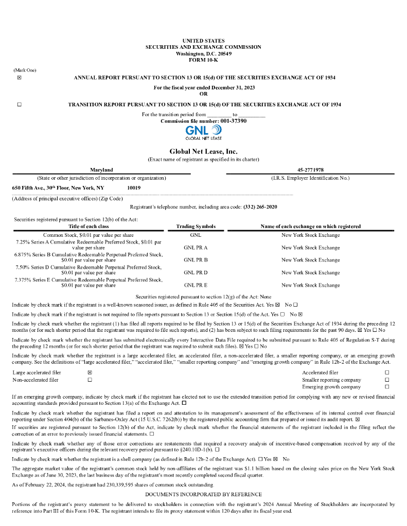 Global Net Lease,Inc.（GNL）2023财年年度报告（英文版）