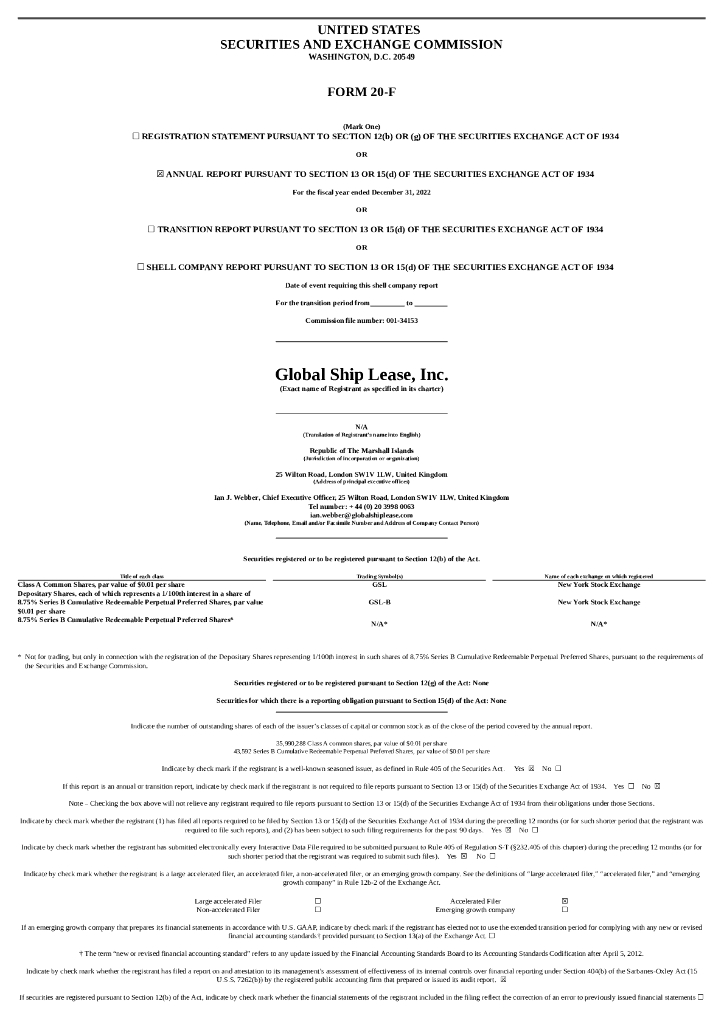 Global Ship Lease,Inc.（GSL）2022财年年度报告（英文版）