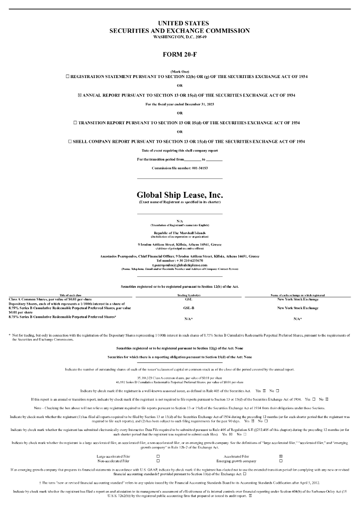 Global Ship Lease,Inc.（GSL）2023财年年度报告（英文版）