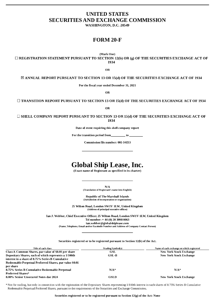 Global Ship Lease,Inc.（GSL）2021财年年度报告（英文版）