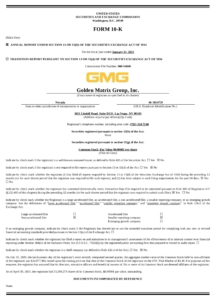 Golden Matrix Group,Inc.（GMGI）2021财年年度报告（英文版）