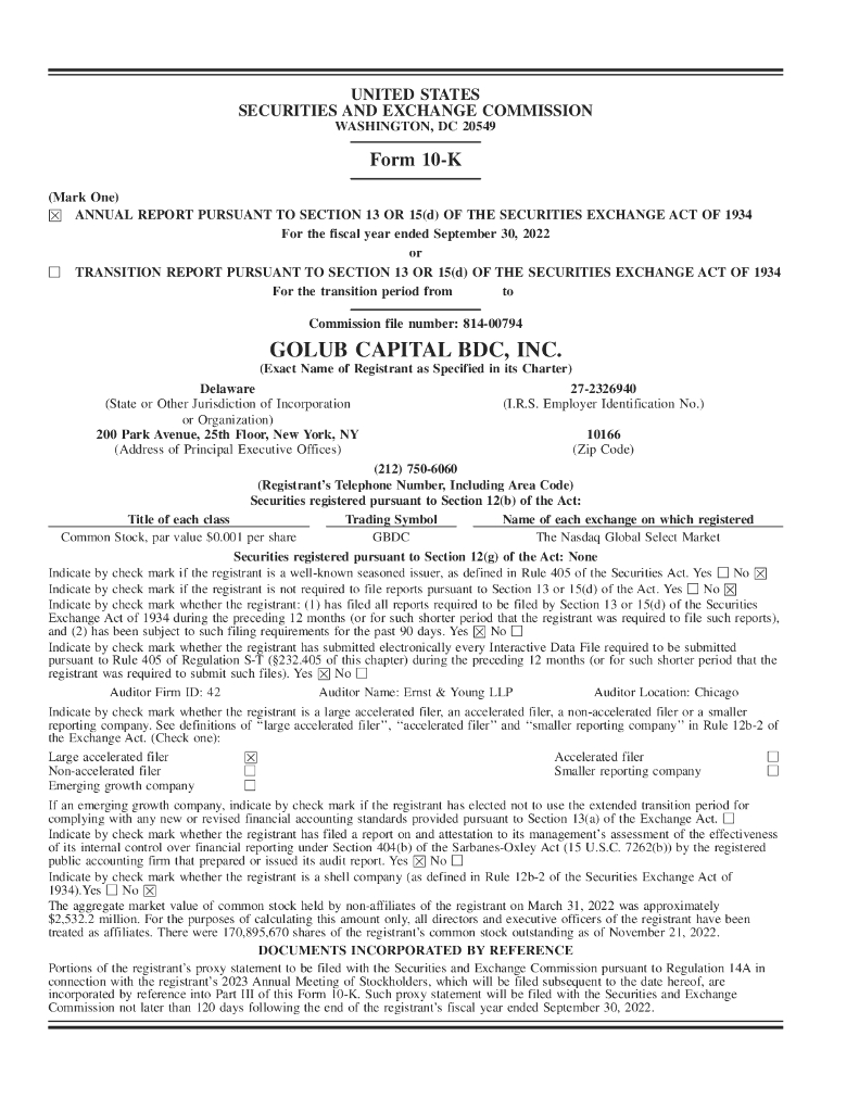 Golub Capital BDC Inc（GBDC）2022财年年度报告（英文版）