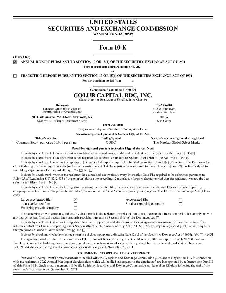 Golub Capital BDC Inc（GBDC）2021财年年度报告（英文版）