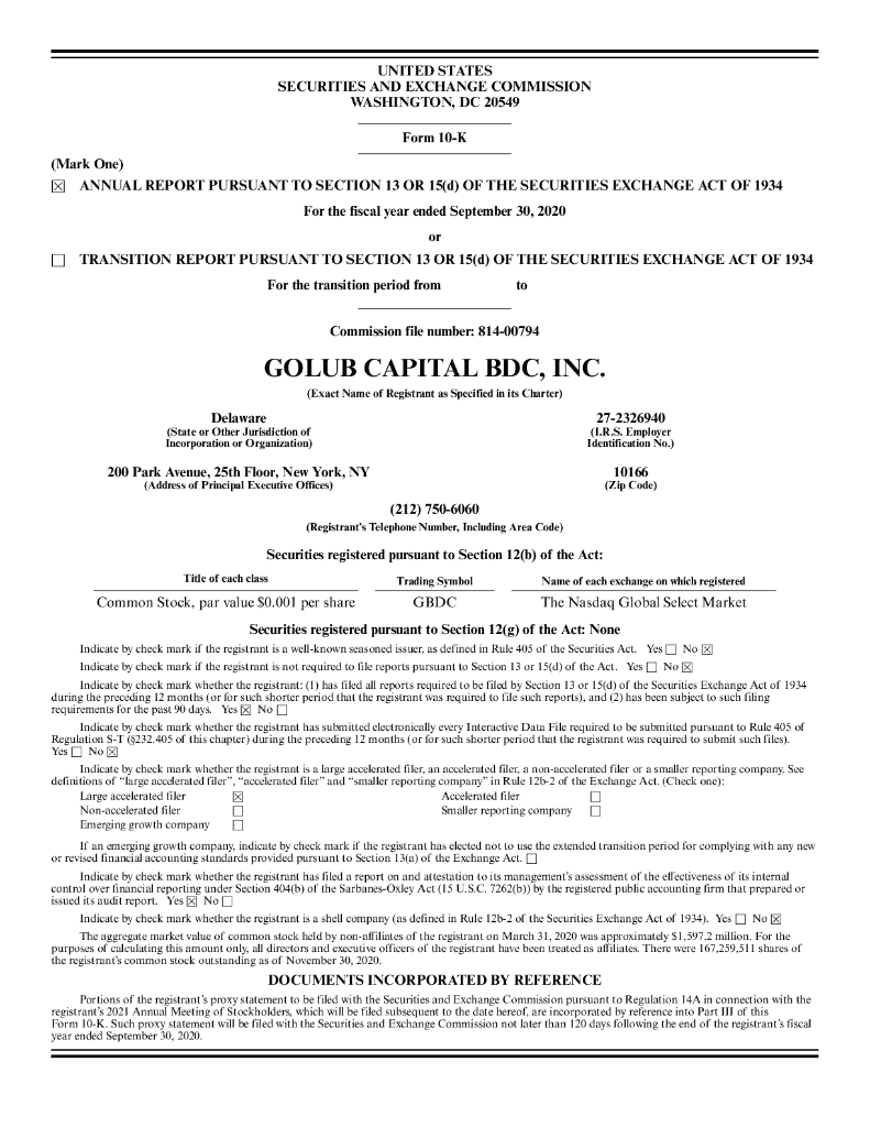 Golub Capital BDC Inc（GBDC）2020财年年度报告（英文版）