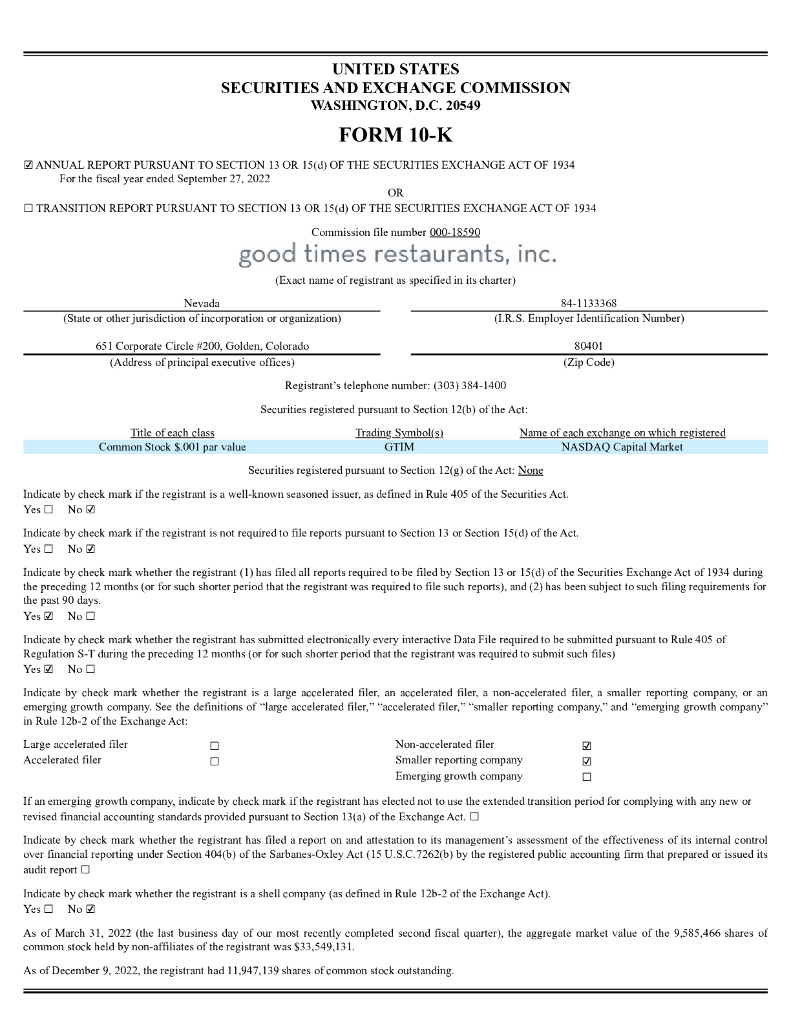 Good Times Restaurants Inc.（GTIM）2022财年年度报告（英文版）