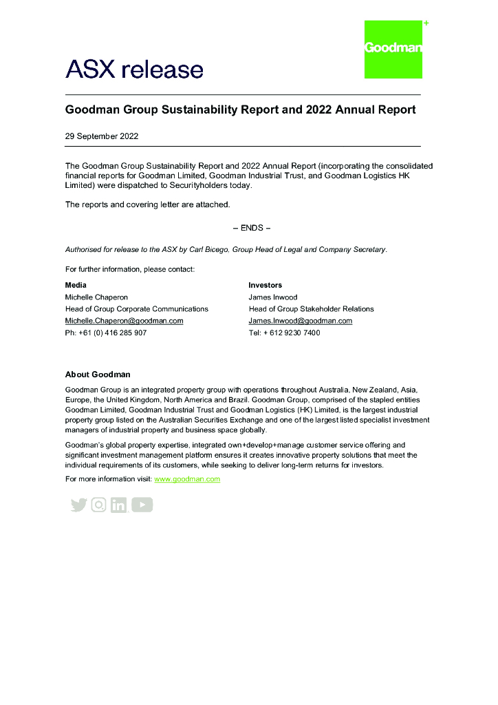 Goodman Group（GMG）2022年可持续发展报告（英文版）