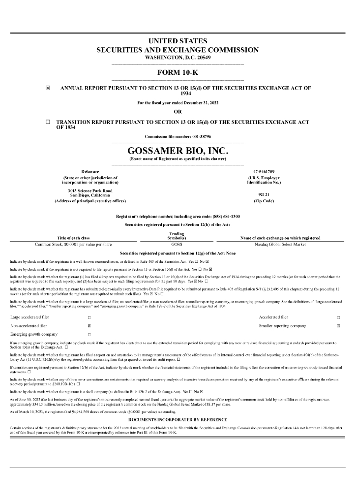 Gossamer Bio,Inc.（GOSS）2022财年年度报告（英文版）