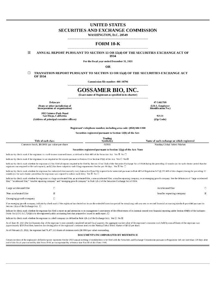 Gossamer Bio,Inc.（GOSS）2021财年年度报告（英文版）