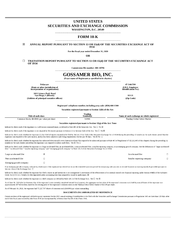 Gossamer Bio,Inc.（GOSS）2020财年年度报告（英文版）