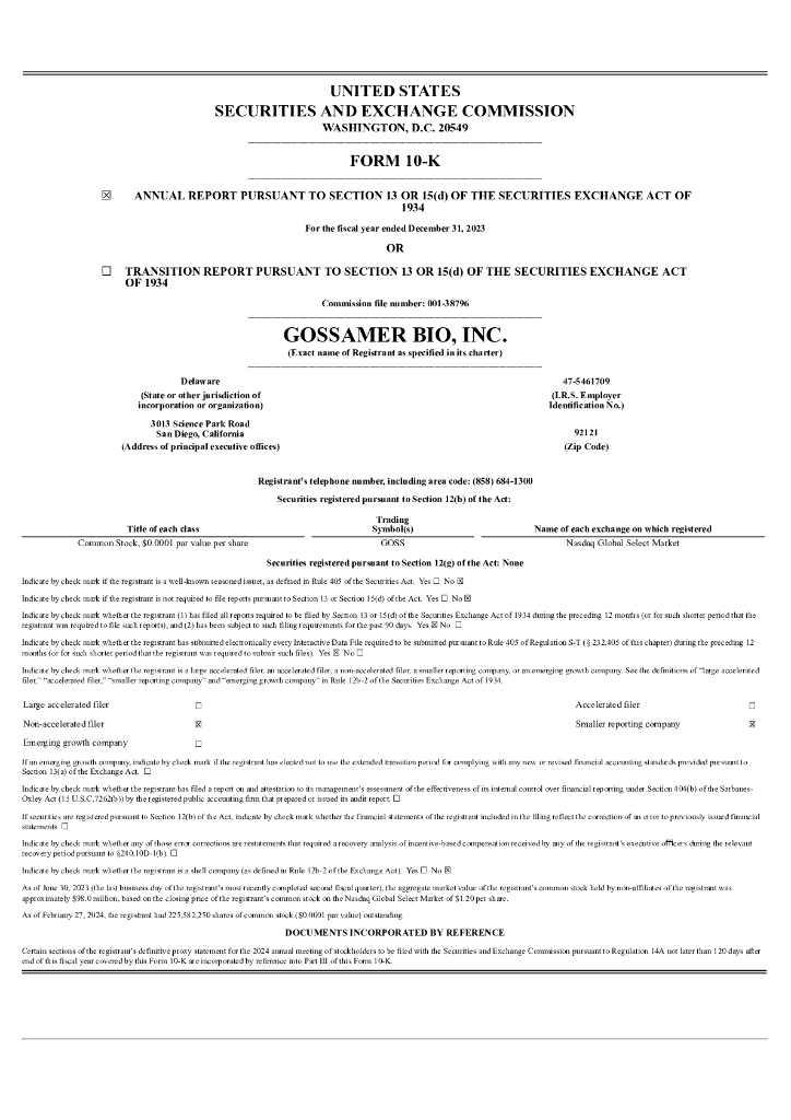 Gossamer Bio,Inc.（GOSS）2023财年年度报告（英文版）