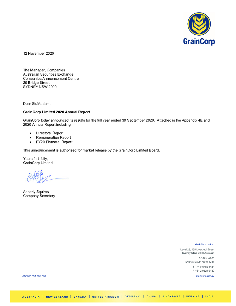 Graincorp Ltd（GNC）2020财年年度报告（英文版）
