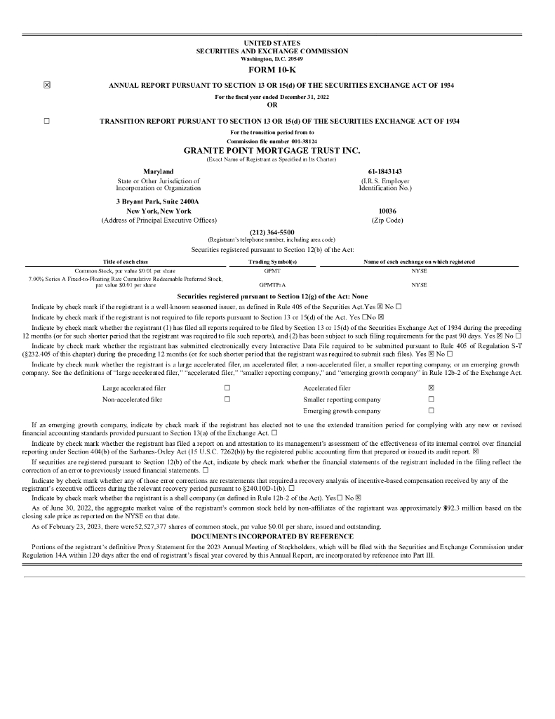 Granite Point Mortgage Trust Inc.（GPMT）2022财年年度报告（英文版）