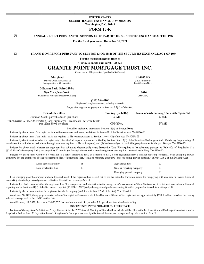 Granite Point Mortgage Trust Inc.（GPMT）2021财年年度报告（英文版）