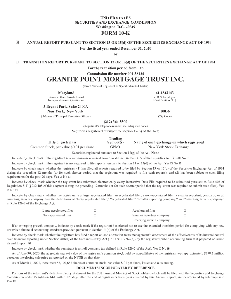 Granite Point Mortgage Trust Inc.（GPMT）2020财年年度报告（英文版）
