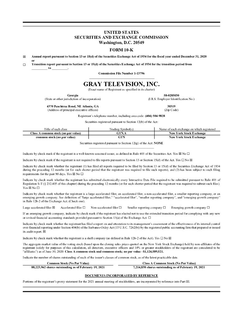 Gray Television Inc.（GTN）2020财年年度报告（英文版）