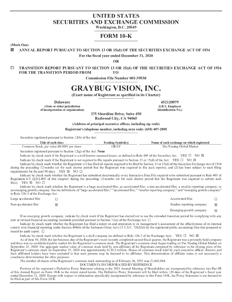 Graybug Vision,Inc.（GRAY）2020财年年度报告（英文版）