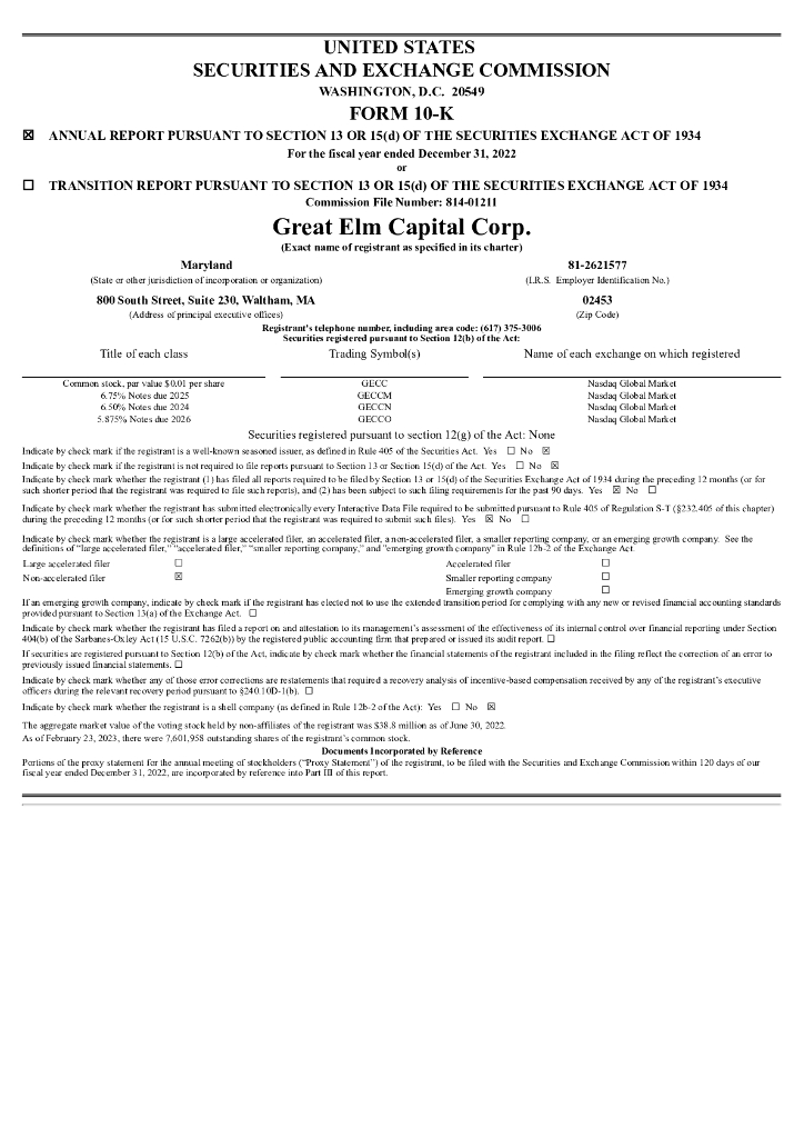 Great Elm Capital Corp.（GECC）2022财年年度报告（英文版）