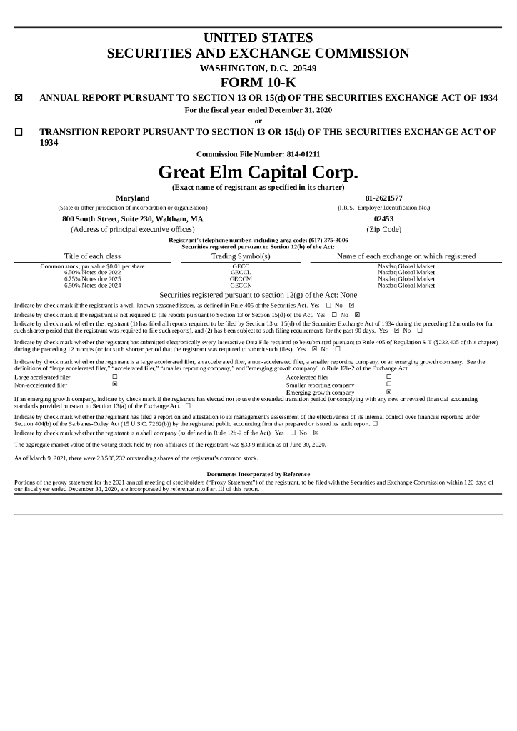 Great Elm Capital Corp.（GECC）2020财年年度报告（英文版）