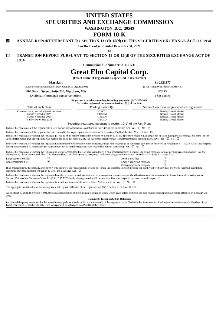 Great Elm Capital Corp.（GECC）2021财年年度报告（英文版）