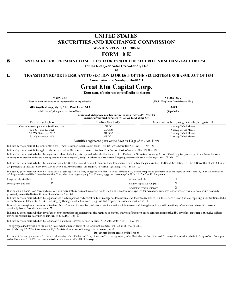 Great Elm Capital Corp.（GECC）2023财年年度报告（英文版）