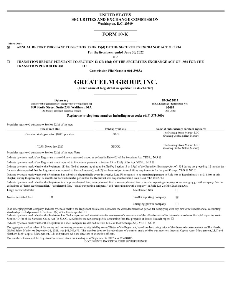 Great Elm Group,Inc.（GEG）2022财年年度报告（英文版）